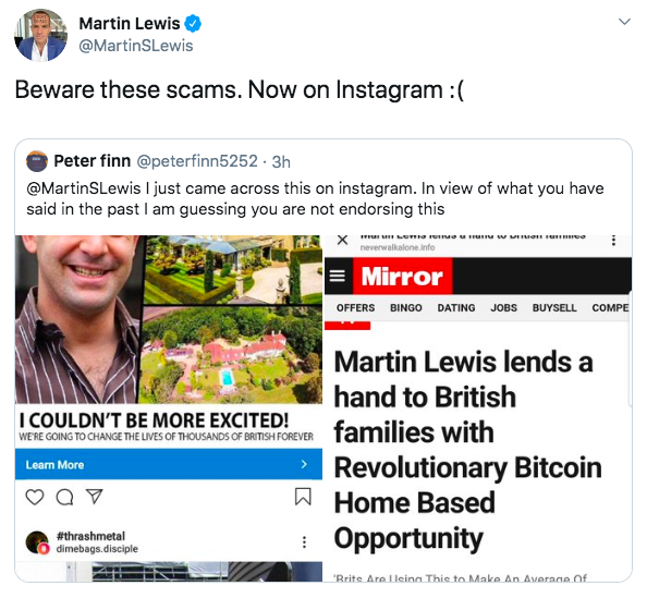 Поддельные Мартин Льюис Биткоин Scam Ad на Instagram.Источник: Твиттер