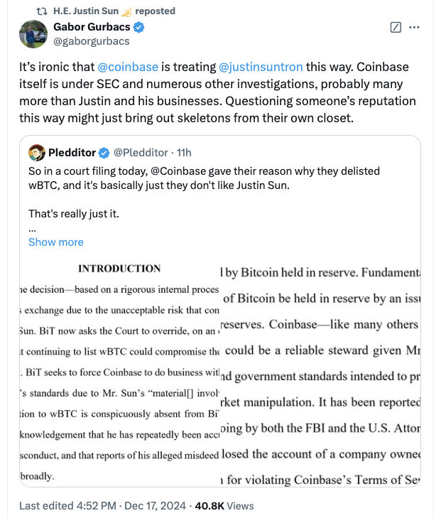 Coinbase, Law, Court, Justin Sun, Wrapped BTC