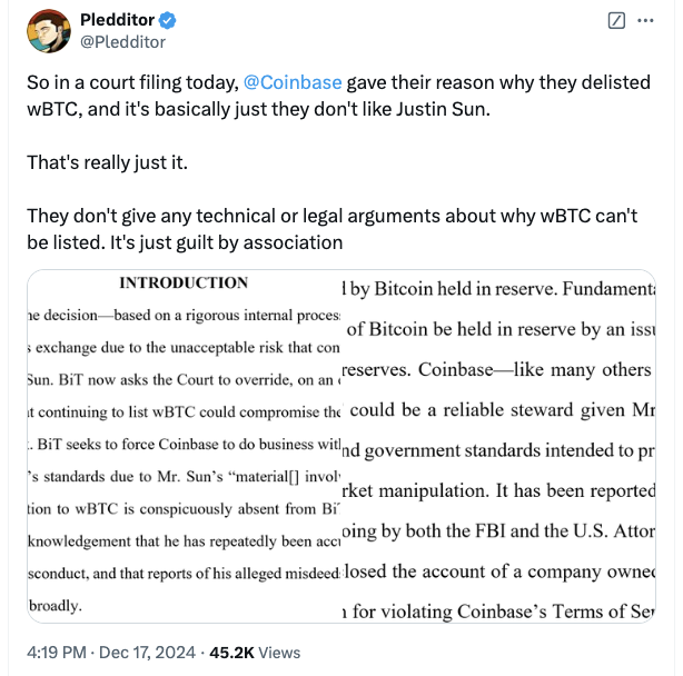 Coinbase, Law, Court, Justin Sun, Wrapped BTC