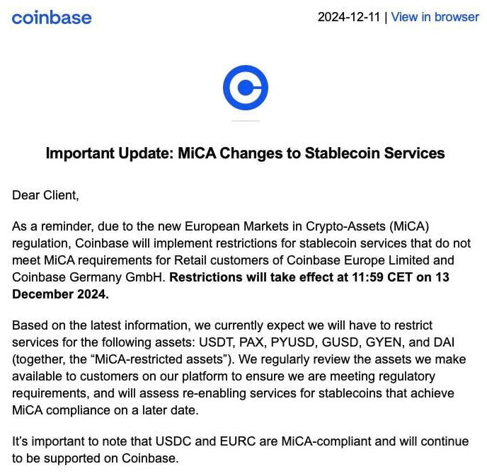 Coinbase, Європа, Tether, Stablecoin, MiCA, Policy