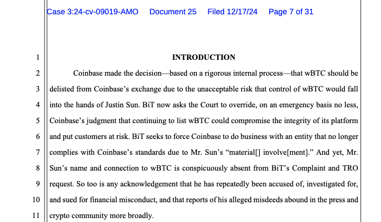 Coinbase, Law, Court, Justin Sun, Wrapped BTC