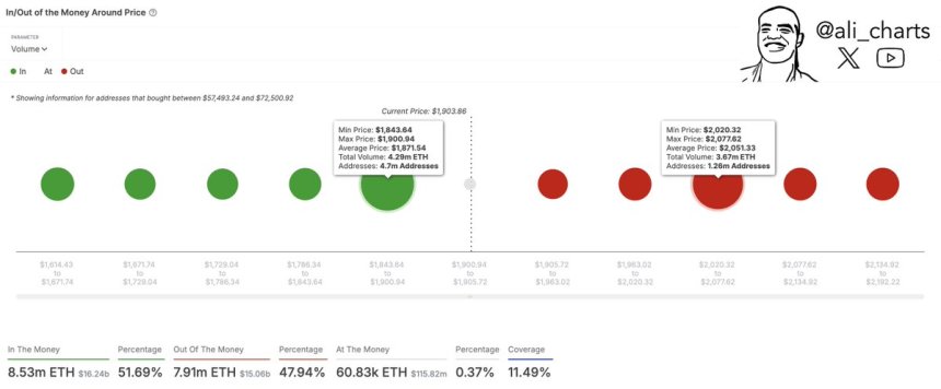 Ethereum в/вне денег вокруг цены |Источник: Али Мартинес на x