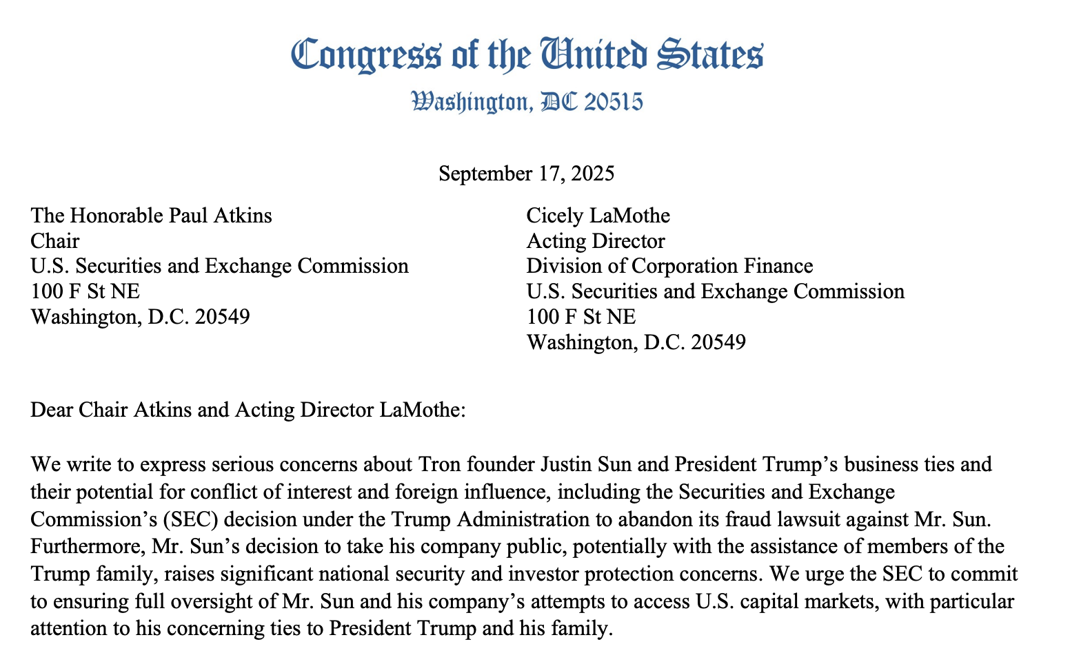 SEC, Дональд Трамп, IPO, Трон, Джастин Сан