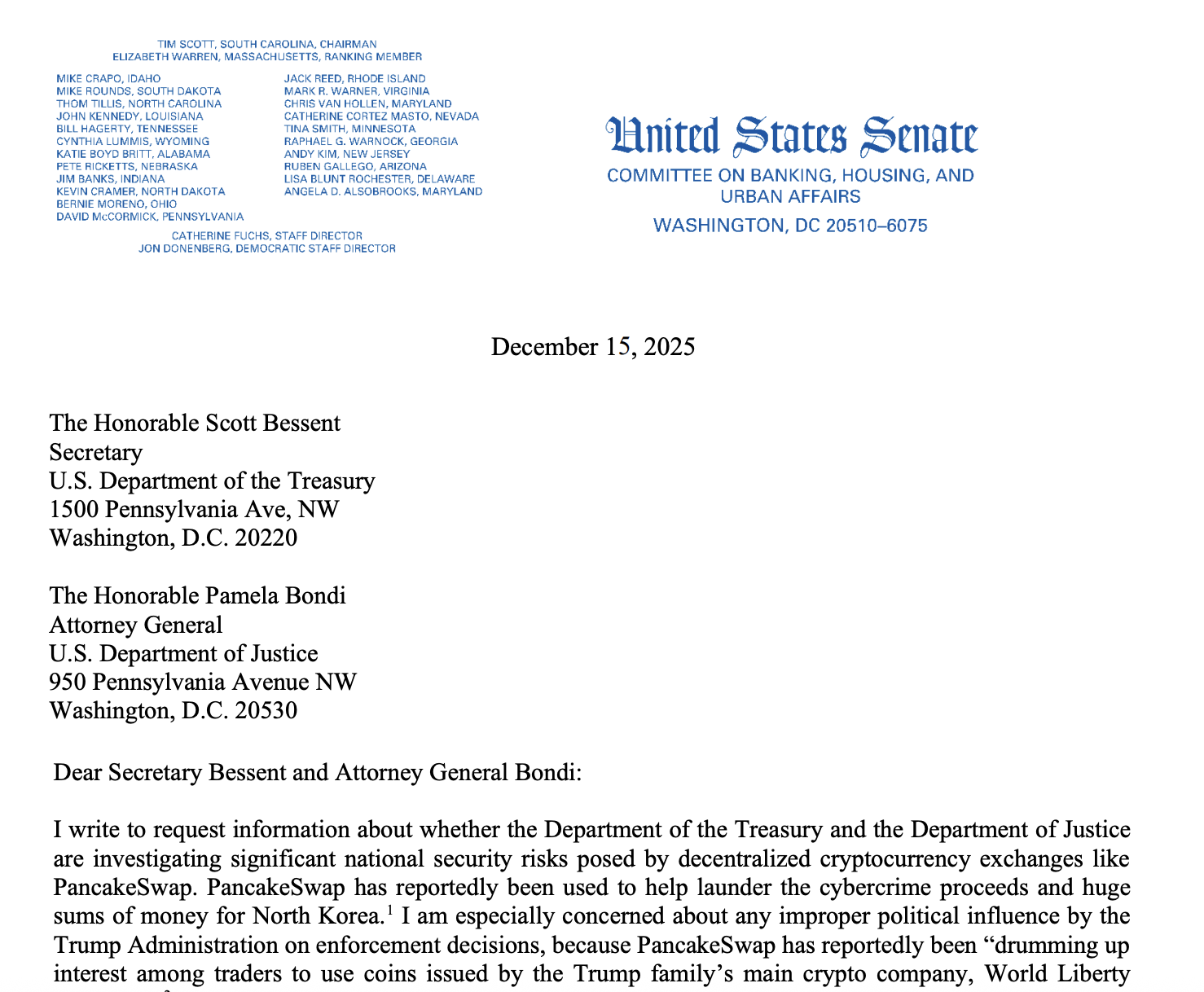 Уряд, США, Міністерство юстиції, розслідування, PancakeSwap