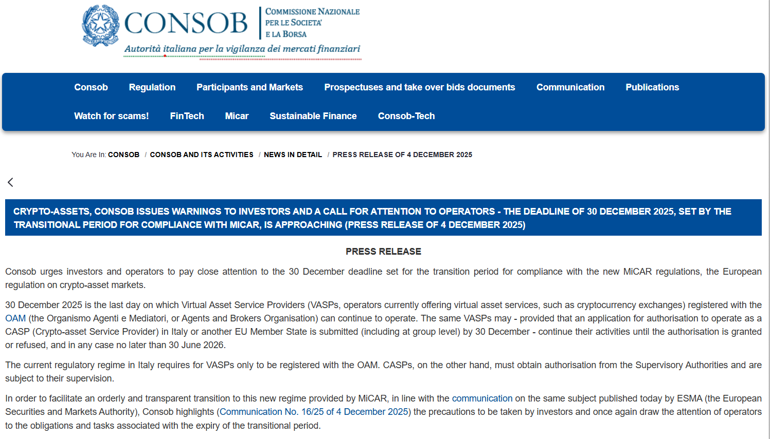 Італія, Європейський Союз, MiCA