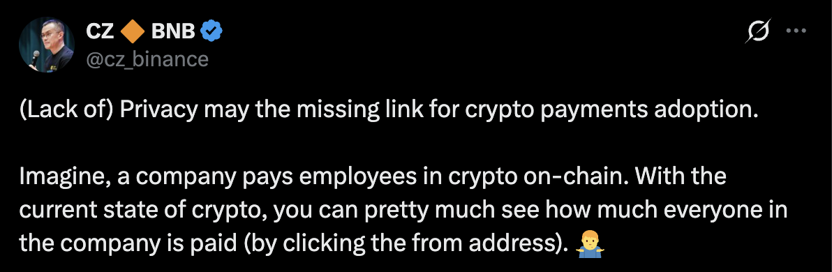 Конфіденційність, Changpeng Zhao