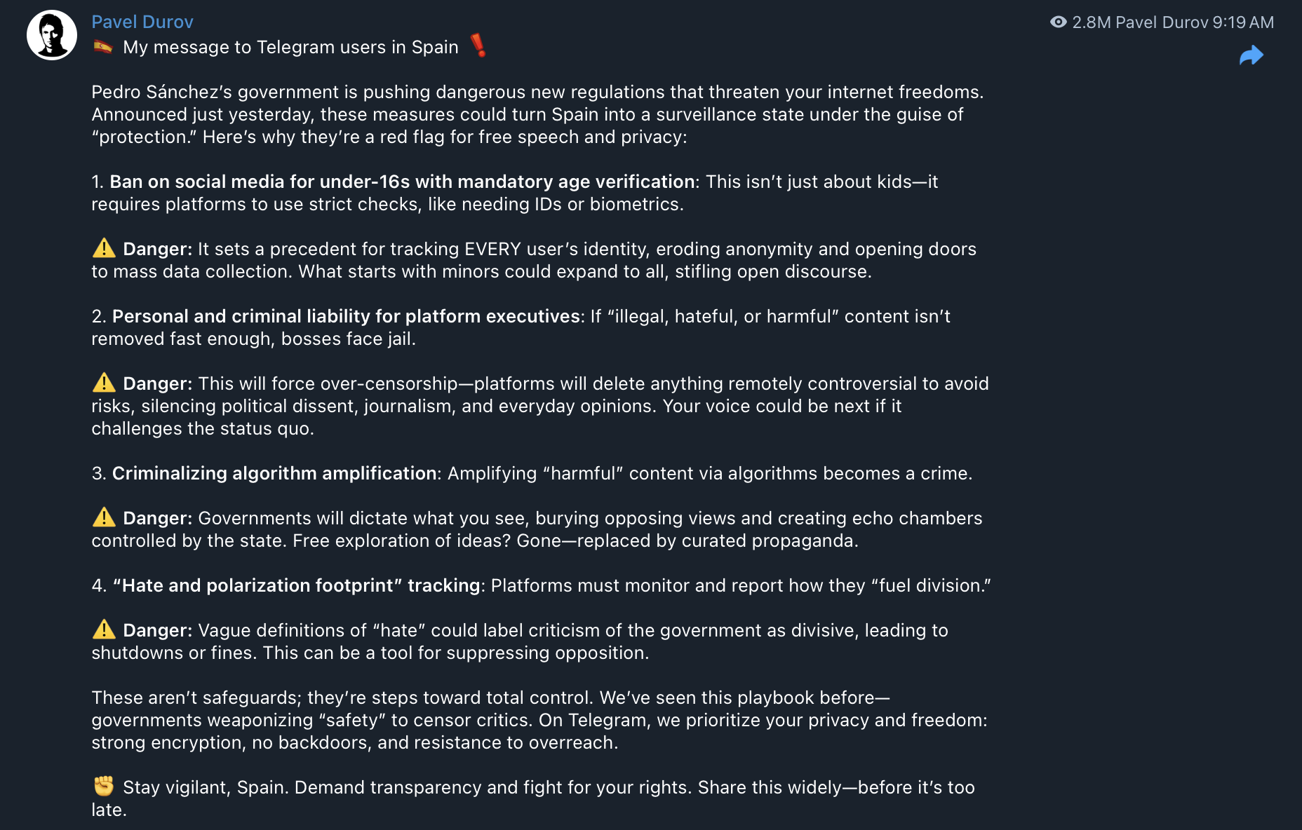 Конфіденційність, Іспанія, Свобода, Цензура, Павло Дуров