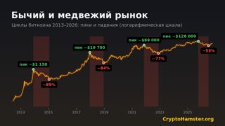 Циклы биткоина 2013–2026 на логарифмическом графике: пики бычьих рынков и падения медвежьих