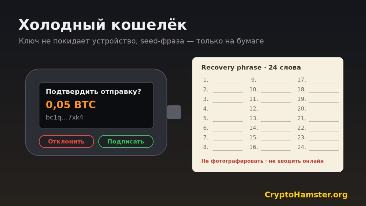 Аппаратный кошелёк с запросом подтверждения транзакции и карточка для записи seed-фразы из 24 слов