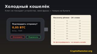 Аппаратный кошелёк с запросом подтверждения транзакции и карточка для записи seed-фразы из 24 слов