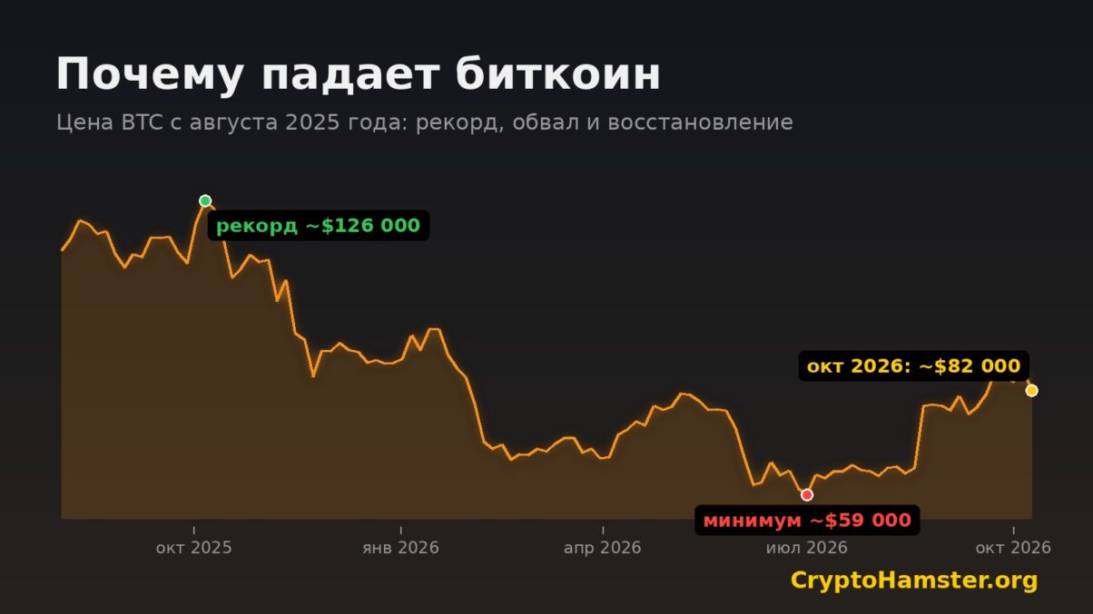 График цены биткоина с августа 2025 по октябрь 2026 года: рекорд около $126 000 и минимум около $59 000