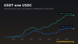 График капитализации USDT и USDC с 2019 по 2026 год по данным DefiLlama